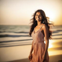 A beautiful Indian girl wearing a beach outfit, standing by the seaside