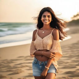 A beautiful Indian girl wearing a beach outfit, standing by the seaside