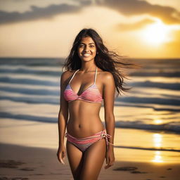 A beautiful Indian girl wearing a bikini beach outfit, standing by the seaside