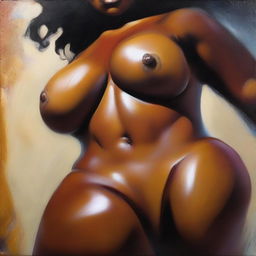 A polished oil-based, up-close front view, high-resolution painting depicting the pelvic region of a gorgeous, voluptuous black woman with an oily sheen