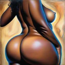 A polished oil-based, up-close front view, high-resolution painting depicting the pelvic region of a gorgeous, voluptuous black woman with an oily sheen