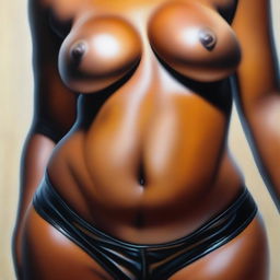 A polished oil-based, up-close front view, high-resolution painting depicting the pelvic region of a gorgeous, voluptuous black woman with an oily sheen