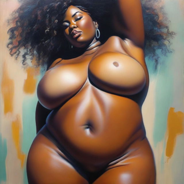 A polished oil-based, up-close front view, high-resolution painting depicting the pelvic region of a gorgeous, voluptuous black woman with an oily sheen