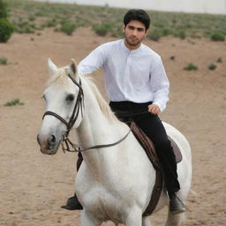 A young 25-year-old Iranian Muslim man in a white shirt and black pants, riding a horse gracefully.