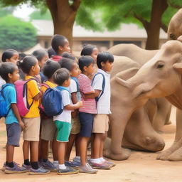 A group of school children on their annual trip, visiting a zoo and a traditional village