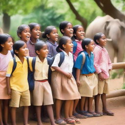 A group of school children on their annual trip, visiting a zoo and a traditional village