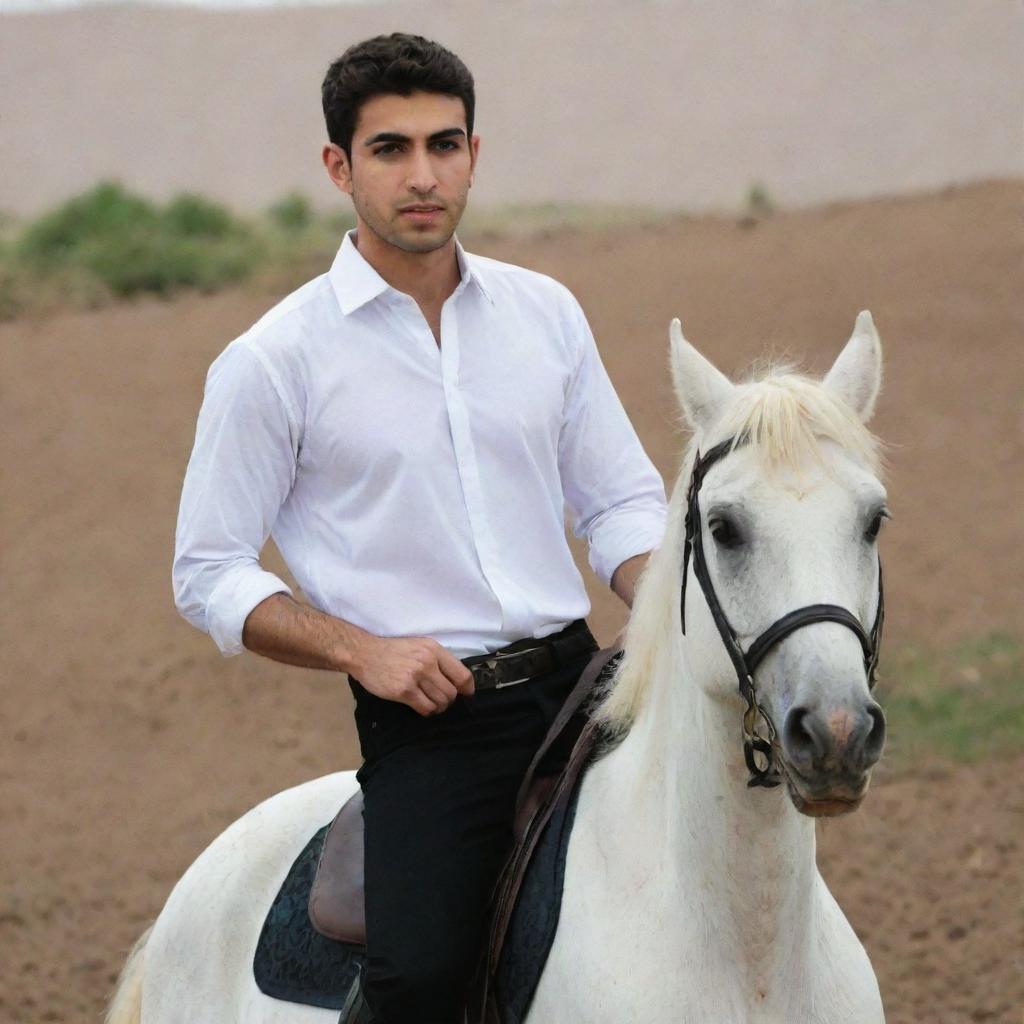 A young 25-year-old Iranian Muslim man in a white shirt and black pants, riding a horse gracefully.