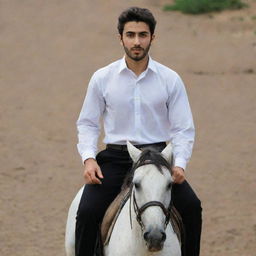 A young 25-year-old Iranian Muslim man in a white shirt and black pants, riding a horse gracefully.