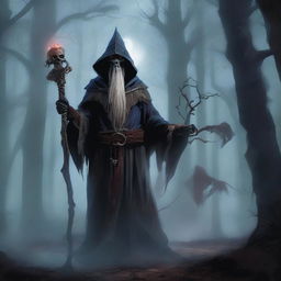 An undead Corvum wizard from Dungeons & Dragons, standing in a dark, eerie forest