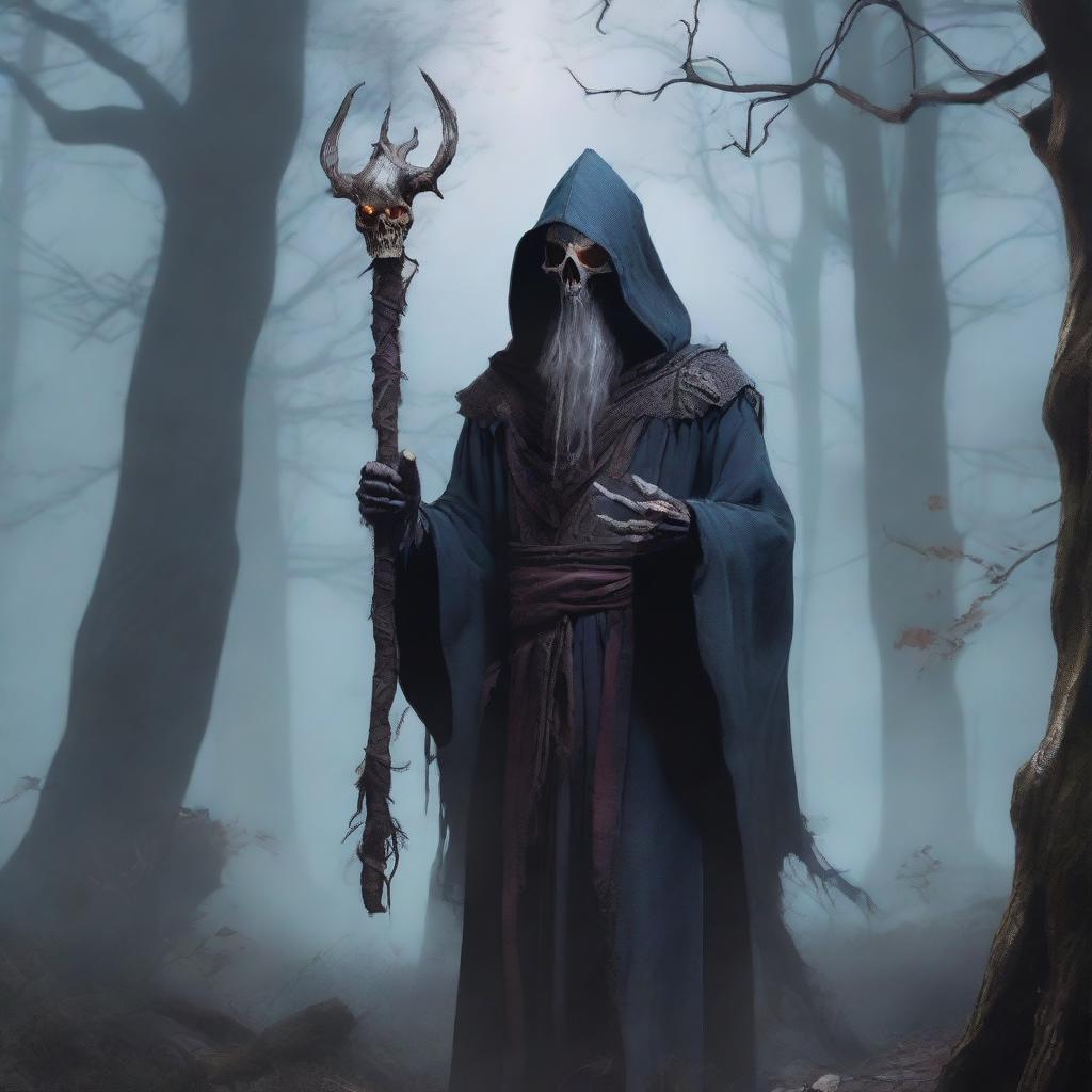 An undead Corvum wizard from Dungeons & Dragons, standing in a dark, eerie forest