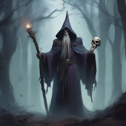 An undead Corvum wizard from Dungeons & Dragons, standing in a dark, eerie forest