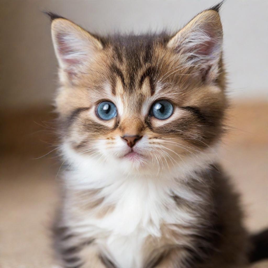 A playful and cute kitten with bright, curious eyes and soft, fluffy fur.