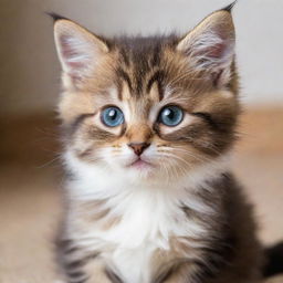 A playful and cute kitten with bright, curious eyes and soft, fluffy fur.