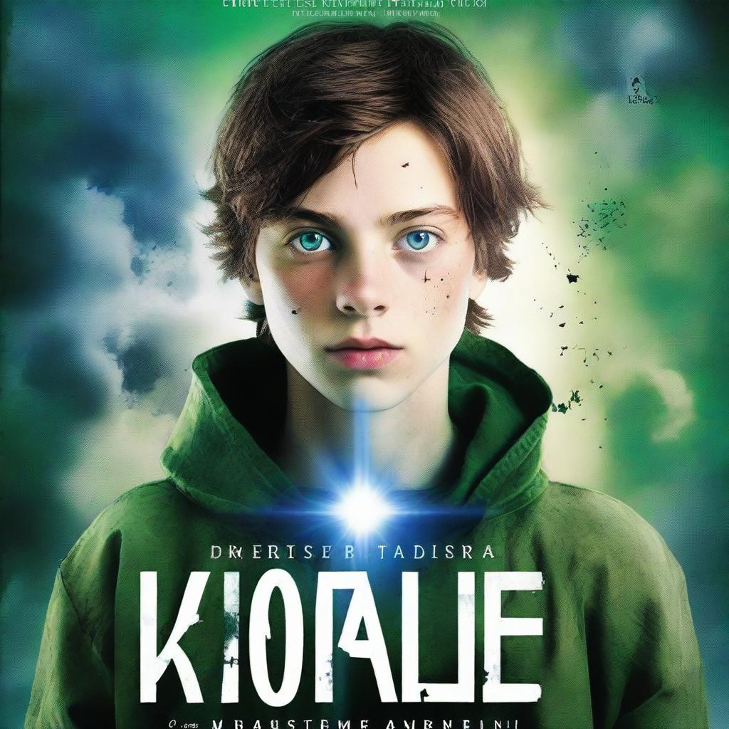 A dystopian book cover featuring a teenage boy named John with brown hair and green/blue eyes