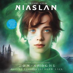 A dystopian book cover featuring a teenage boy named John with brown hair and green/blue eyes