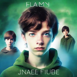 A dystopian book cover featuring a teenage boy named John with brown hair and green/blue eyes