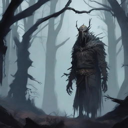 An undead Corvum character from Dungeons & Dragons, standing in a dark, eerie forest