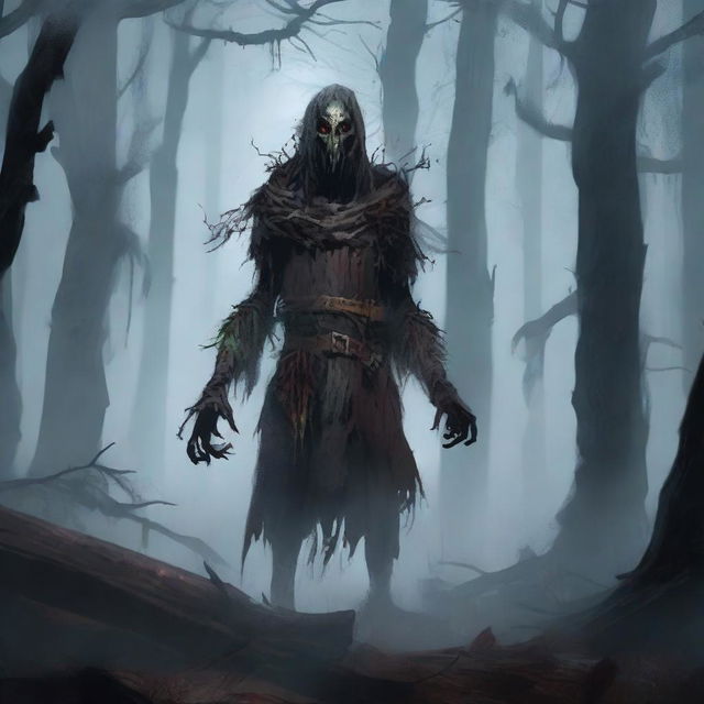 An undead Corvum character from Dungeons & Dragons, standing in a dark, eerie forest