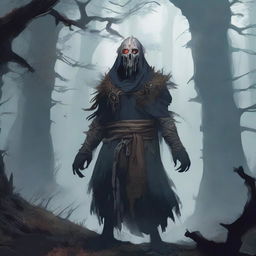 An undead Corvum character from Dungeons & Dragons, standing in a dark, eerie forest