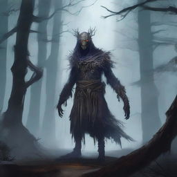 An undead Corvum character from Dungeons & Dragons, standing in a dark, eerie forest