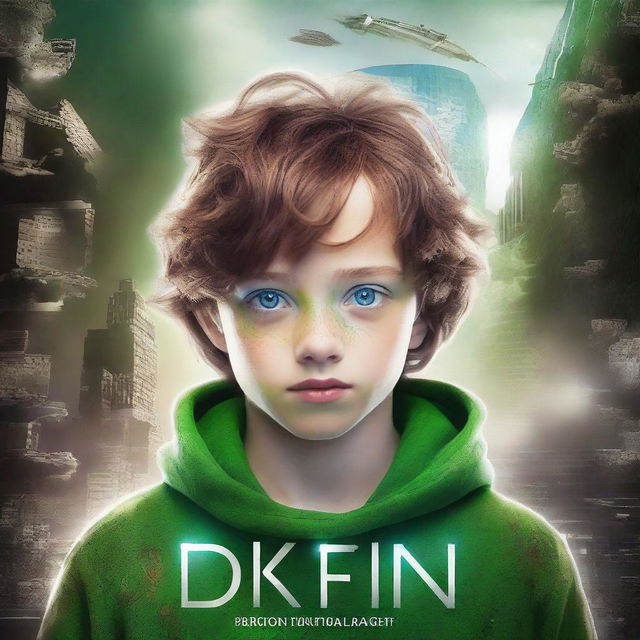 Create a dystopian book cover featuring a teenage boy named John with brown hair and green/blue eyes