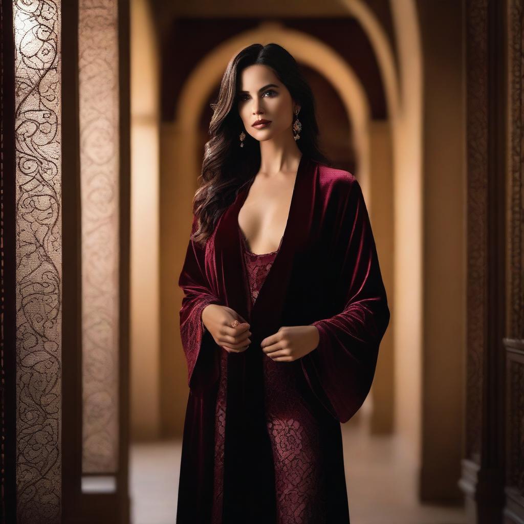 A confident woman with long, dark hair stands in a softly lit archway, wearing a deep burgundy velvet robe that is partially open, revealing a lace-trimmed bodysuit underneath