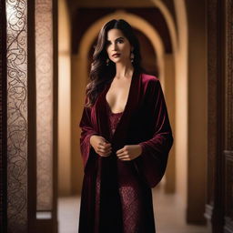 A confident woman with long, dark hair stands in a softly lit archway, wearing a deep burgundy velvet robe that is partially open, revealing a lace-trimmed bodysuit underneath