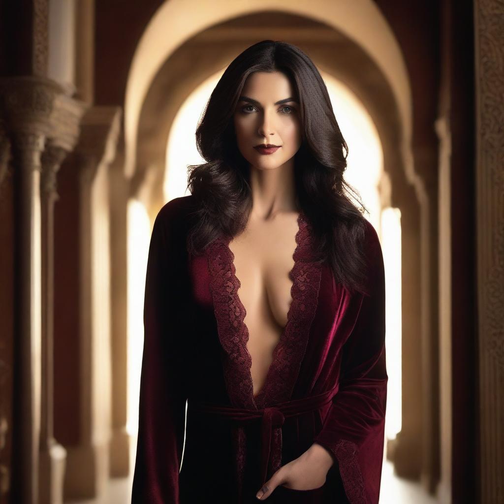 A confident woman with long, dark hair stands in a softly lit archway, wearing a deep burgundy velvet robe that is partially open, revealing a lace-trimmed bodysuit underneath