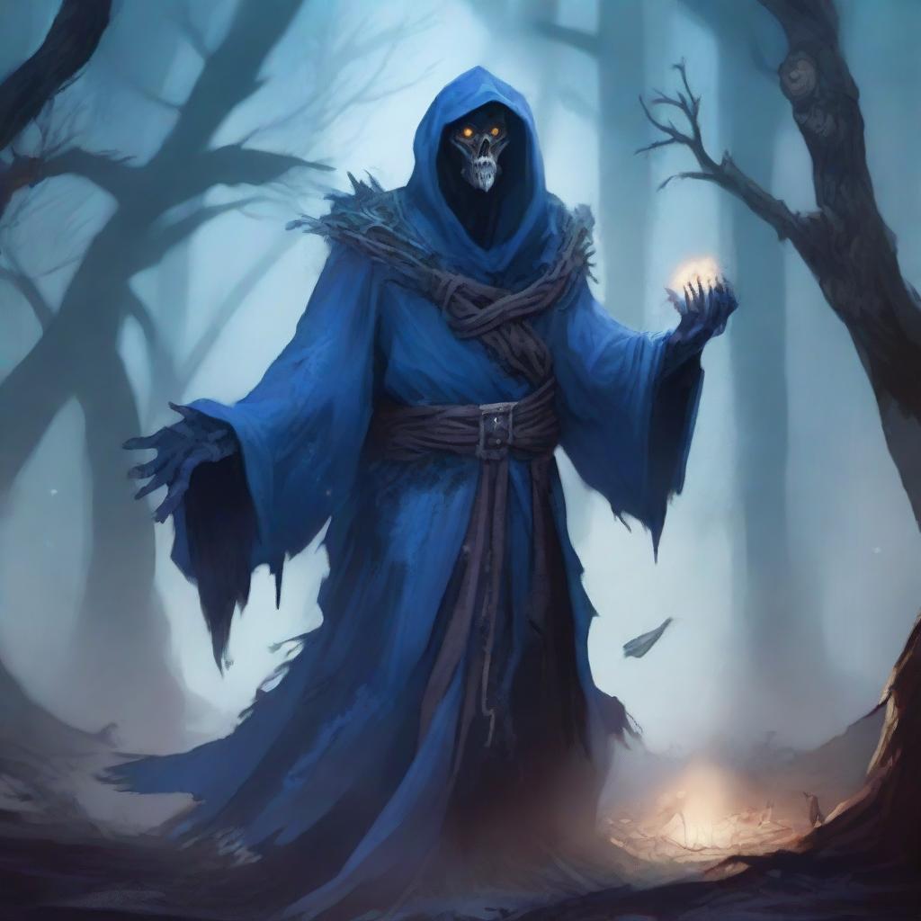 An undead Corvum character from Dungeons & Dragons, wearing a tattered blue robe