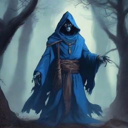 An undead Corvum character from Dungeons & Dragons, wearing a tattered blue robe