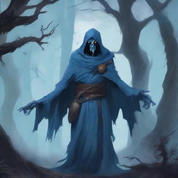 An undead Corvum character from Dungeons & Dragons, wearing a tattered blue robe