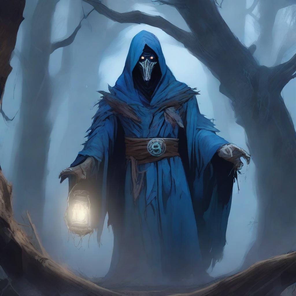 An undead Corvum character from Dungeons & Dragons, wearing a tattered blue robe