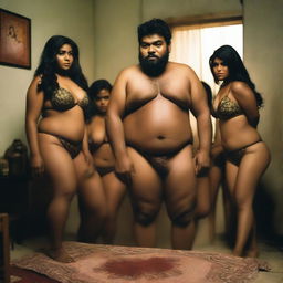 A heavyset Bangladeshi man not wearing a shirt, surrounded by beautiful Bangladeshi women wearing lingerie inside a room