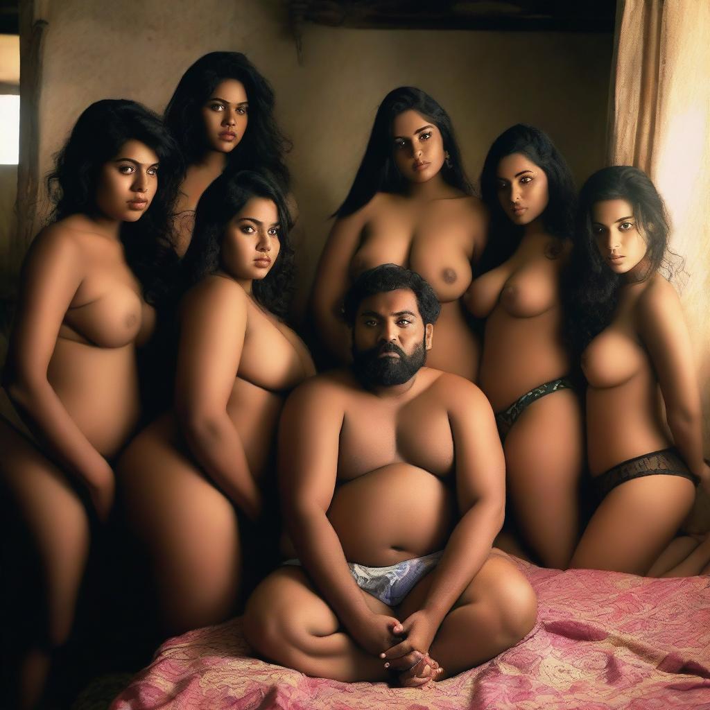 A heavyset Bangladeshi man not wearing a shirt, surrounded by beautiful Bangladeshi women wearing lingerie inside a room