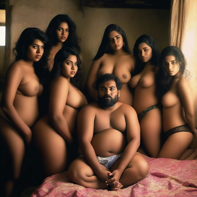 A heavyset Bangladeshi man not wearing a shirt, surrounded by beautiful Bangladeshi women wearing lingerie inside a room