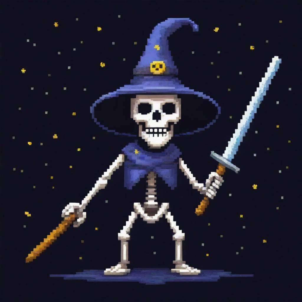 An evil pixelated skeleton adorned with a wizard hat, brandishing a katana with a mischievous grin, whilst stargazing. The skeleton is an intriguing and unique character in pixel art form.