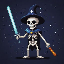 An evil pixelated skeleton adorned with a wizard hat, brandishing a katana with a mischievous grin, whilst stargazing. The skeleton is an intriguing and unique character in pixel art form.