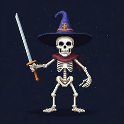 An evil pixelated skeleton adorned with a wizard hat, brandishing a katana with a mischievous grin, whilst stargazing. The skeleton is an intriguing and unique character in pixel art form.