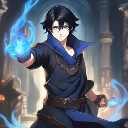 A picture of a 16-year-old boy with black hair and blue flame eyes