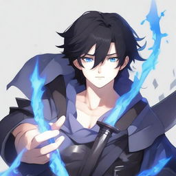 A picture of a 16-year-old boy with black hair and blue flame eyes