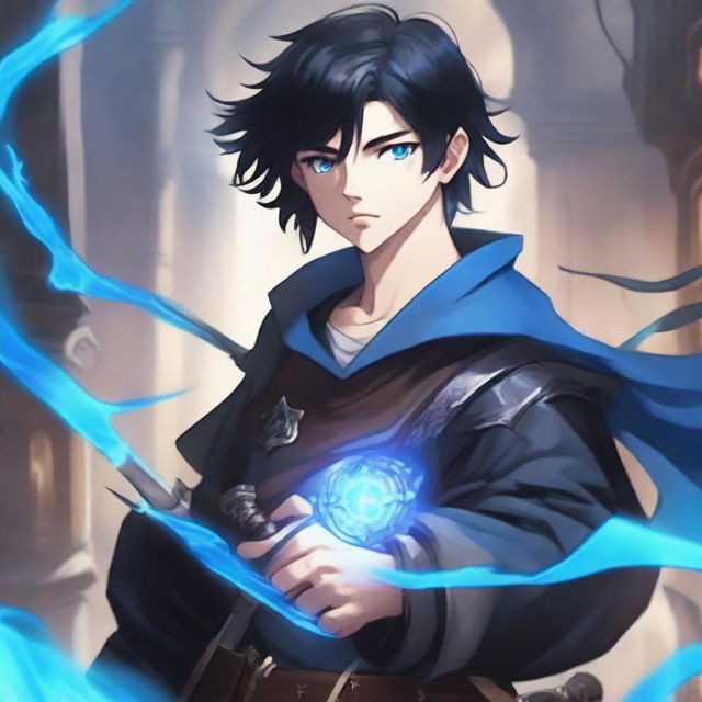 A picture of a 16-year-old boy with black hair and blue flame eyes