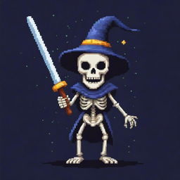 An evil pixelated skeleton adorned with a wizard hat, brandishing a katana with a mischievous grin, whilst stargazing. The skeleton is an intriguing and unique character in pixel art form.