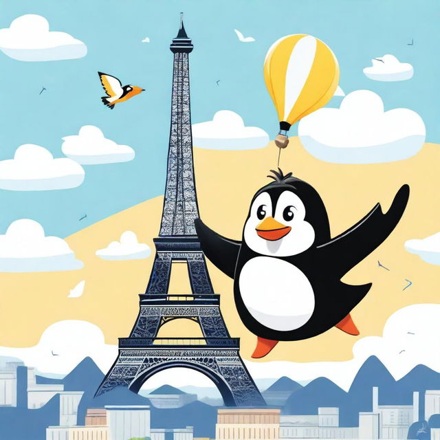 A whimsical scene featuring Tux, the Linux penguin mascot, flying over the Eiffel Tower in Paris