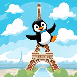 A whimsical scene featuring Tux, the Linux penguin mascot, flying over the Eiffel Tower in Paris