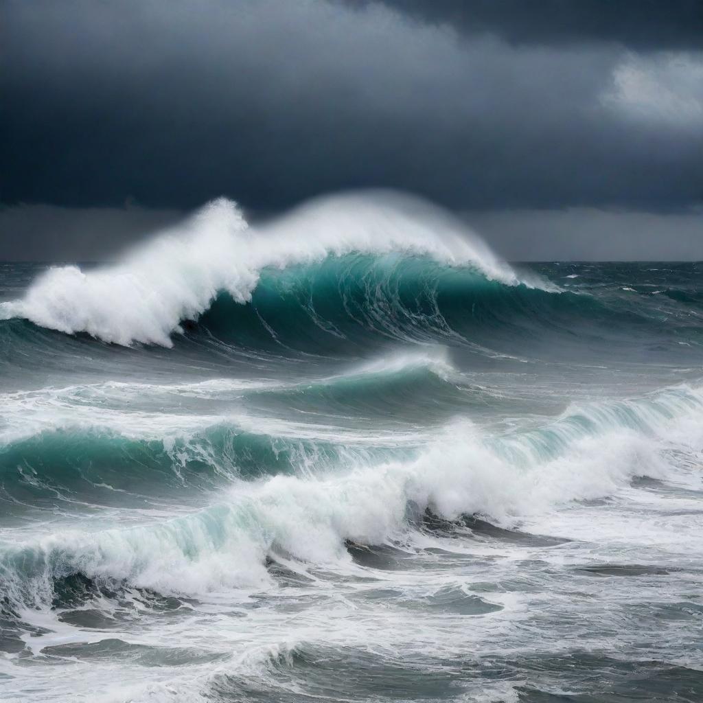 A symbolic scene of a restless sea in turmoil causing havoc. Massive, rough waves crash against each other under a stormy sky, representing the concept of chaos and strife.