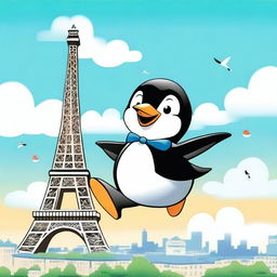 A whimsical scene featuring Tux, the Linux penguin mascot, flying over the Eiffel Tower in Paris