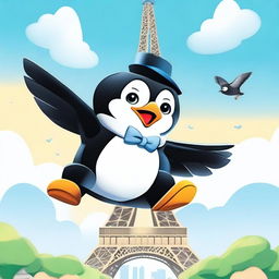 A whimsical scene featuring Tux, the Linux penguin mascot, flying over the Eiffel Tower in Paris