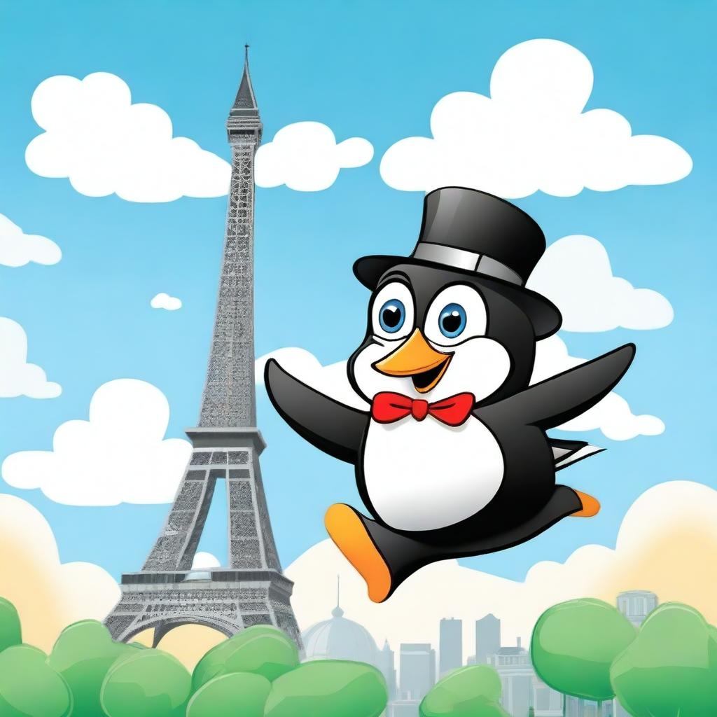 A whimsical scene featuring Linux Tux, the penguin mascot, flying over the Eiffel Tower in Paris