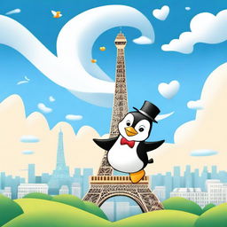 A whimsical scene featuring Linux Tux, the penguin mascot, flying over the Eiffel Tower in Paris