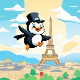 A whimsical scene featuring Linux Tux, the penguin mascot, flying over the Eiffel Tower in Paris